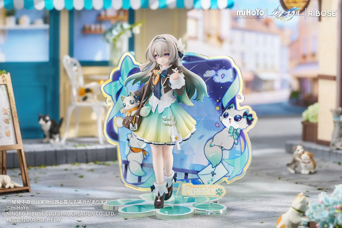 Honkai Star Rail Rise Up+ Chibi Cat Series Firefly Figure featuring Firefly in a cute chibi-style outfit with cat-themed display accents, colorful backdrop, and themed base.