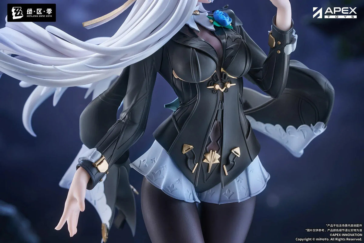 Zenless Zone Zero Limepie Yixuan Trails of Ink Ver. 1/8 Scale Figure by APEX Toys featuring a white-haired anime woman with golden eyes wearing a black outfit with white embroidered accents, sheer stockings, and black heels while holding a small brown bird on a circular display base.