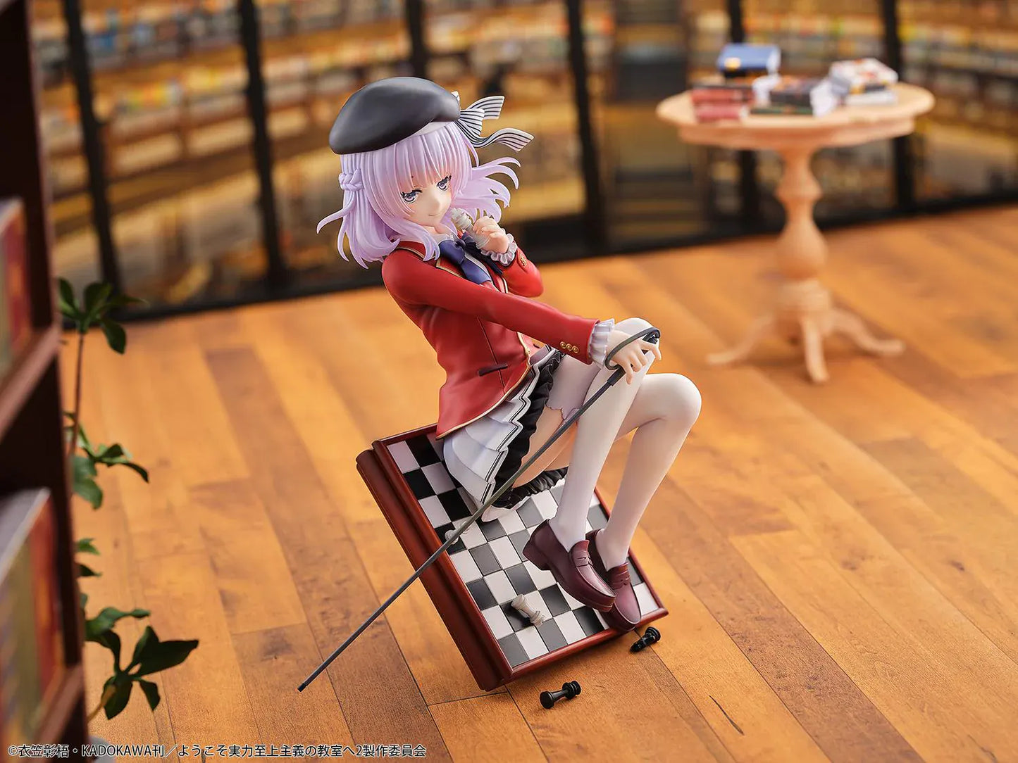 Classroom of the Elite Arisu Sakayanagi 1/7 Scale Figure featuring Arisu seated on a chessboard-style display with beret, red blazer, cane accessory, and round base.