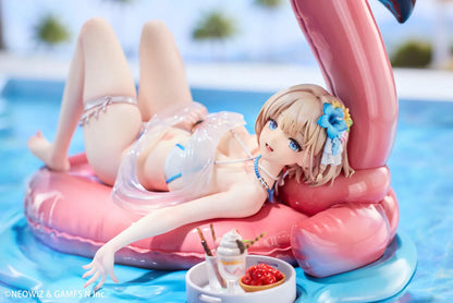 Brown Dust 2 Hot Summer Dream Justia 1/7 Scale Figure relaxing on a pink flamingo float with a water-themed display base