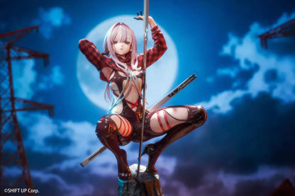 Scarlet Racer's High scale figure from Goddess of Victory: Nikke, crouching on a rocky base with weapons drawn and glossy red combat suit.