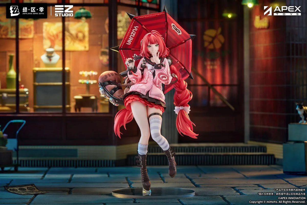 Zenless Zone Zero Yuzuha Ukinami 1/7 Scale Figure by APEX Toys featuring a red-haired anime girl with long braided twin-tails, green eyes, a pink jacket, layered red skirt, striped thigh-high stockings, and black boots while holding a large red umbrella on a circular display base.