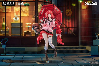 Zenless Zone Zero Yuzuha Ukinami 1/7 Scale Figure by APEX Toys featuring a red-haired anime girl with long braided twin-tails, green eyes, a pink jacket, layered red skirt, striped thigh-high stockings, and black boots while holding a large red umbrella on a circular display base.