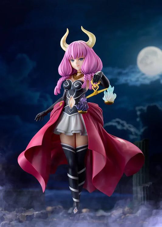 Frieren Beyond Journey’s End Aura the Guillotine 1/7 scale figure with pink hair, horns, flowing red cape, and scales accessory