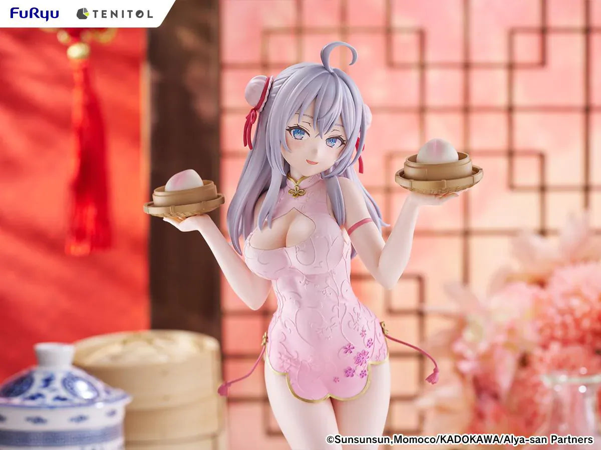Alya Sometimes Hides Her Feelings in Russian TENITOL TALL Alya Cheongsam ver. Figure featuring Alya with long silver hair, pink cheongsam outfit, steamed bun accessories, and pink shoes.