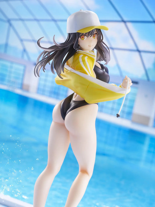 KoiKoi Sakura Kyou kara Suieibu Komon no Tama-chan Sensei 1/6 Scale Figure featuring a dark-haired anime woman with golden eyes wearing a black swimsuit, yellow athletic jacket, and white cap with a yellow brim, posing barefoot on a transparent circular base.