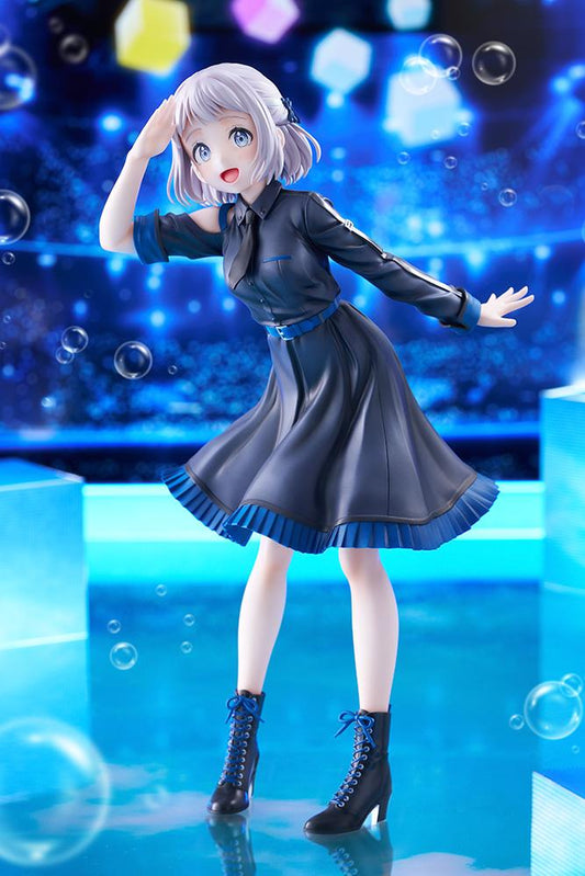 The Idolmaster Gakuen Lilja Katsuragi Hakusen DX Ver. 1/7 Scale Figure featuring Lilja with short silver hair, black dress with blue accents, boots, and themed display base.
