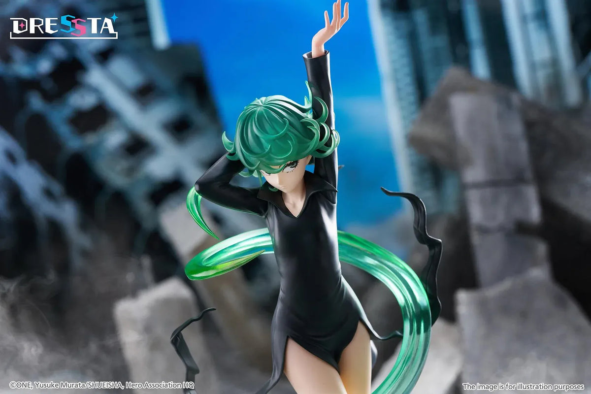 Terrible Tornado Dressta figure floating in a black dress surrounded by translucent green psychic energy effects on a rocky base.
