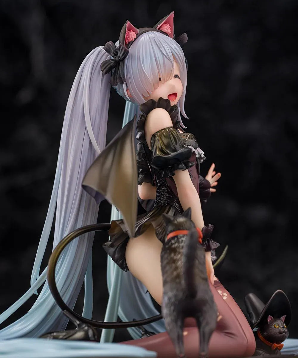 Azur Lane Janus Fright Night Scaredy Cat Ver. 1/7 scale figure featuring Janus in a Halloween-themed gothic outfit with cat ears, bat wings, black cats, and a detailed display base