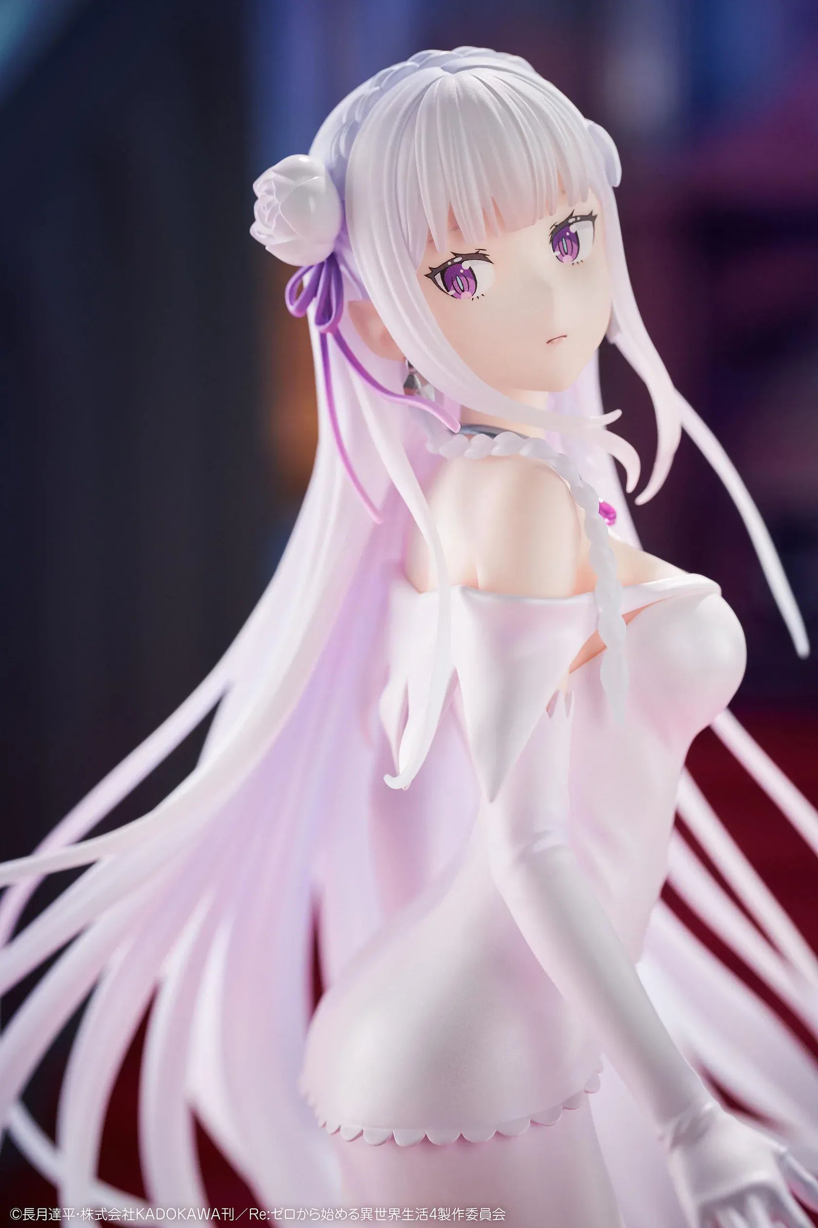 Re Zero Emilia Wedding Dress Ver. 1/7 Scale Figure wearing an elegant flowing white bridal gown with silver hair and floral accessories