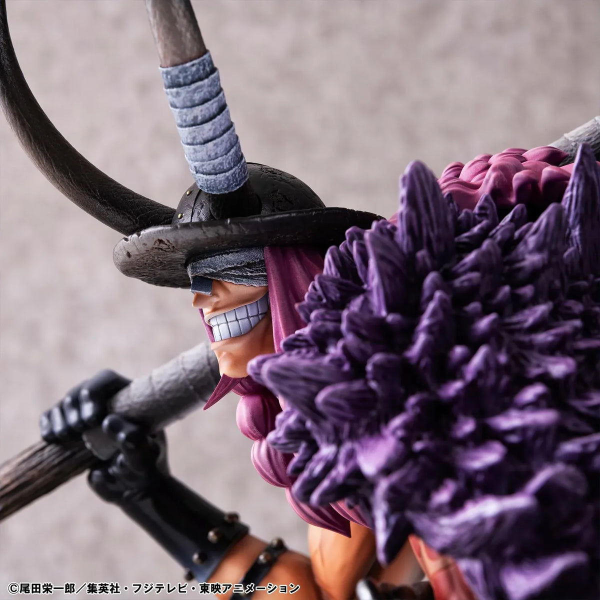 One Piece Portrait of Pirates ELB-Maximum Loki figure crouching with a massive hammer, horned helmet, pink braids, purple cloak, and chains on a rocky base.