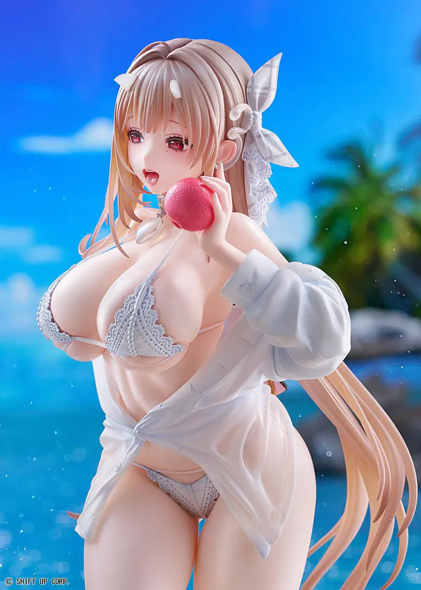 GODDESS OF VICTORY NIKKE Viper Shine of Love 1/7 Scale Figure with long hair, white beachwear-inspired outfit, apple accessory, and beach display base