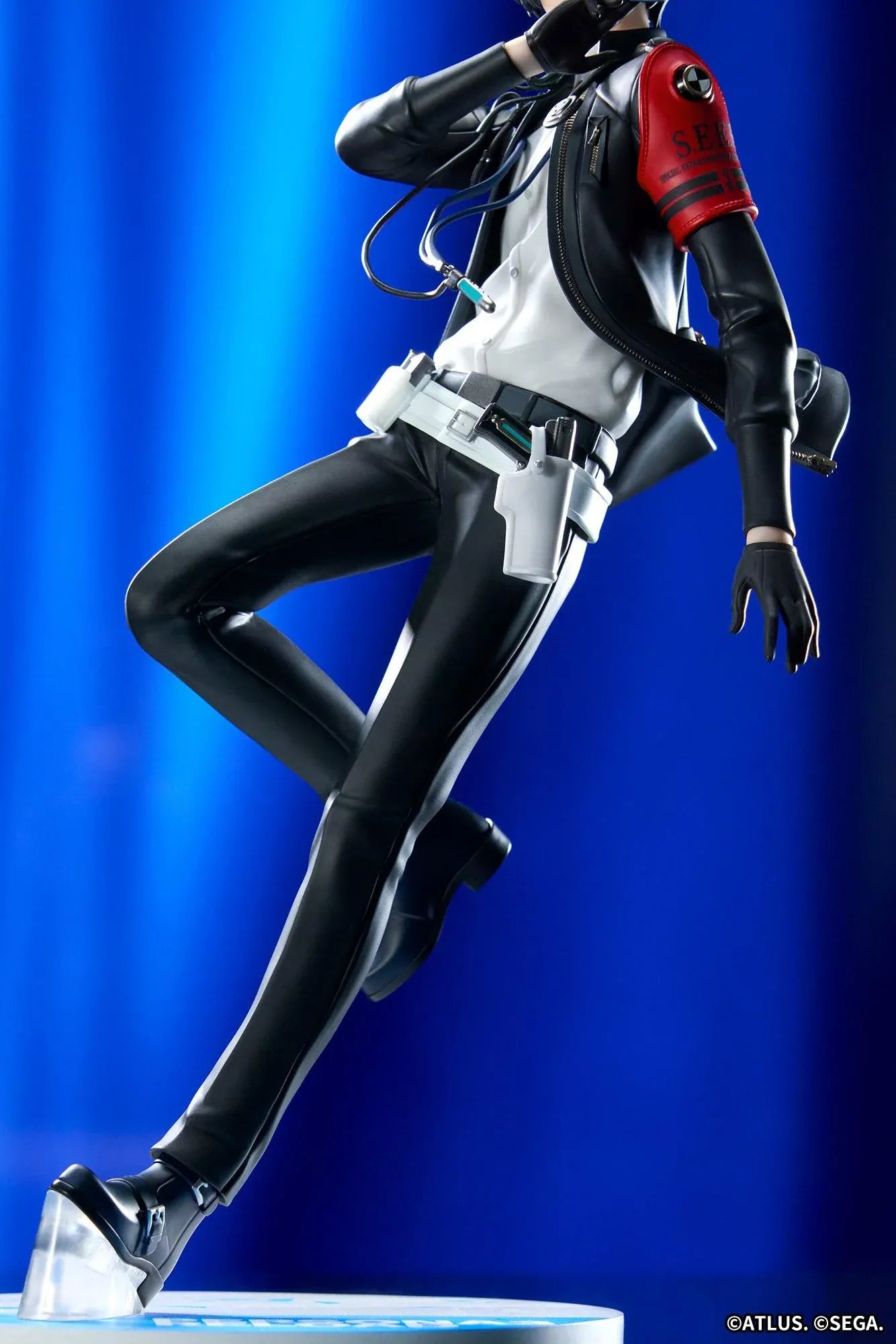 Persona 3 Reload Limepie Protagonist 1/8 Scale Figure with blue hair, black jacket, S.E.E.S. armband, headphones, and themed display base