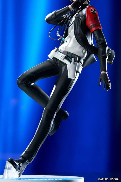 Persona 3 Reload Limepie Protagonist 1/8 Scale Figure with blue hair, black jacket, S.E.E.S. armband, headphones, and themed display base