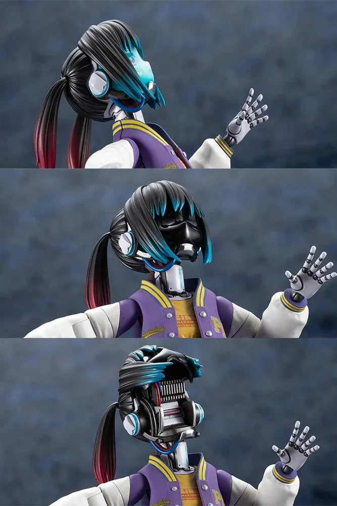 Milky Subway The Galactic Limited Express Makina Model Kit Figure featuring a robotic anime girl with black twin-tail hair, a blue-tinted face, a purple varsity jacket with white sleeves, denim shorts, mechanical arms and legs, burgundy socks, and black-and-white sneakers.