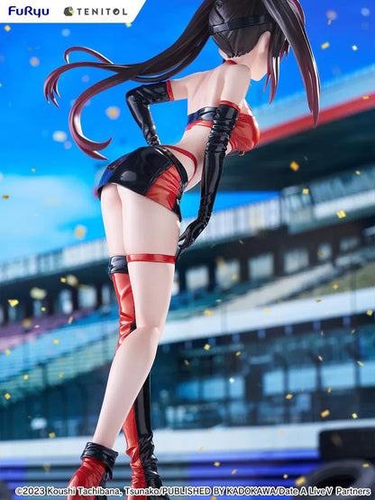 Date A Live V Tenitol Tall Kurumi Tokisaki Race Queen Ver. Figure featuring Kurumi with twin-tail hair, black-and-red race queen outfit, visor, gloves, and thigh-high boot styling.