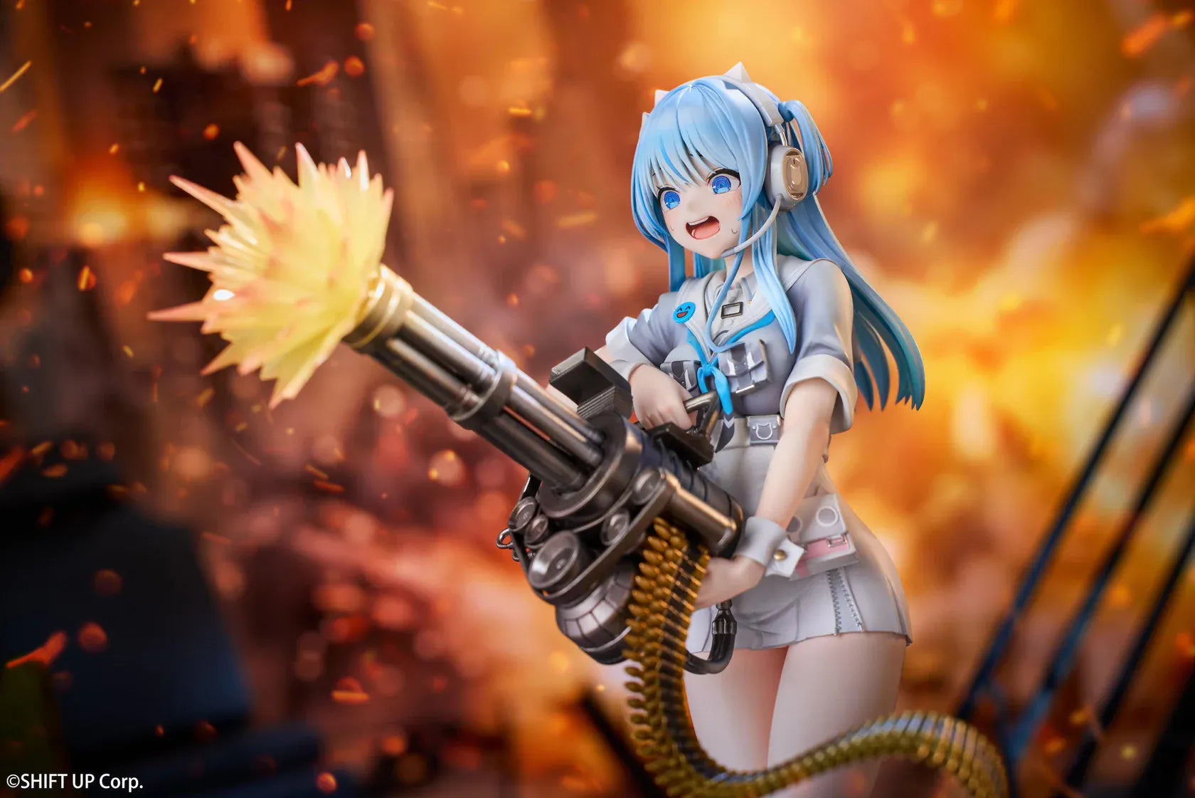 Goddess of Victory Nikke Shifty Illustration Panic Sight Deluxe Ver. 1/7 Scale Figure featuring Shifty with blue hair, tactical outfit, oversized weapon, firing effect, and ammo belt display details.