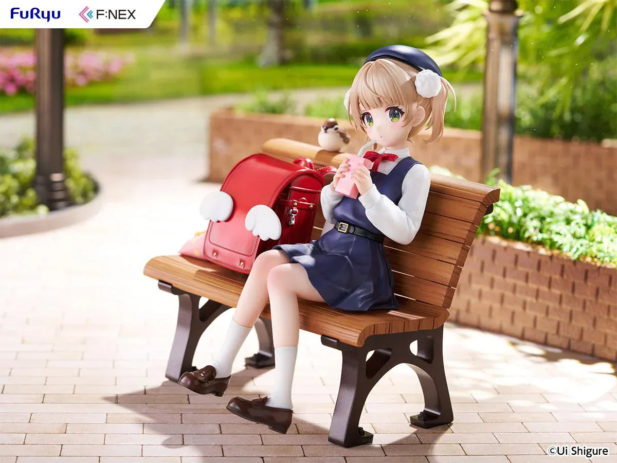 Ui Shigure Ui Shigure 9 Years Old 1/7 Scale Figure seated on a park bench with school bag, drink, and bird companion