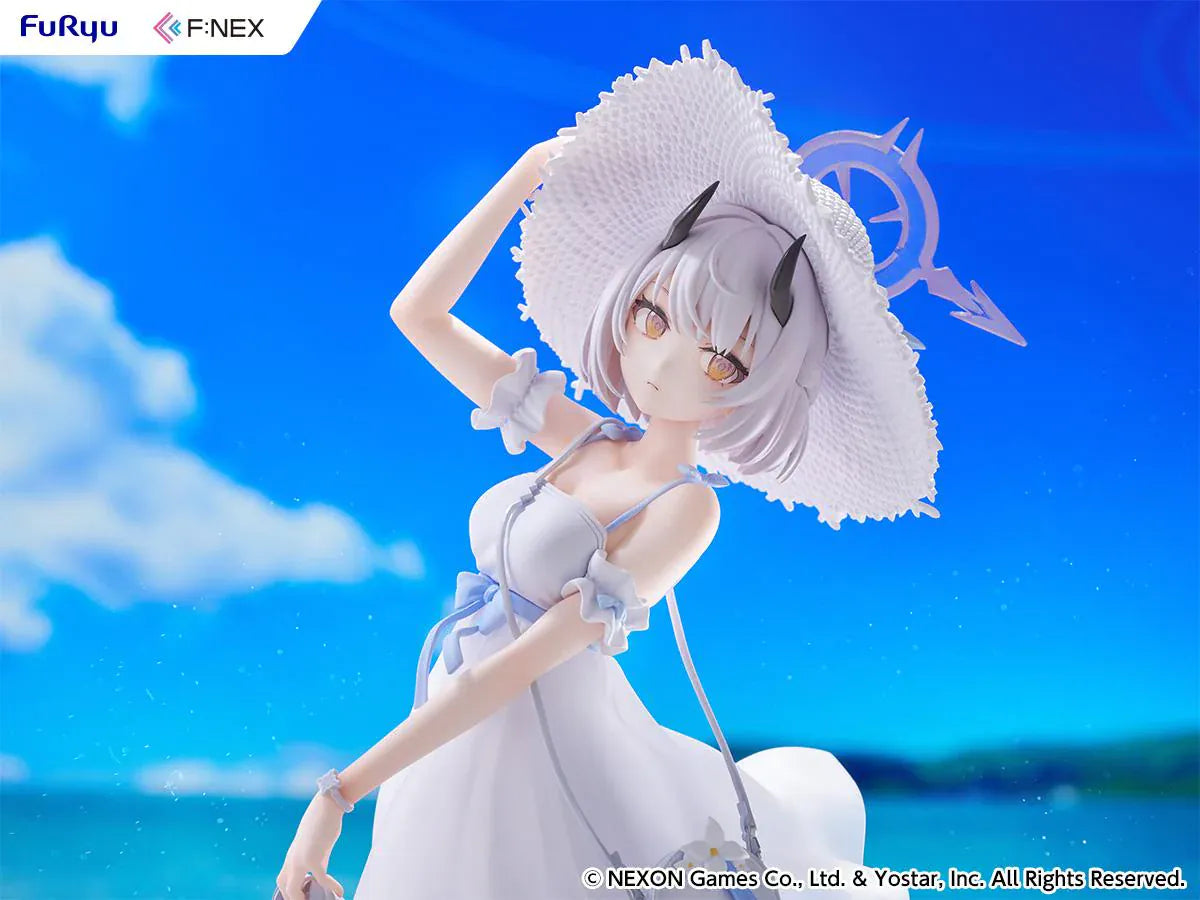Blue Archive Sena Casual 1/7 Scale Figure featuring Sena with short silver hair, white dress, wide-brim hat, sandals in hand, and seaside-themed display base.