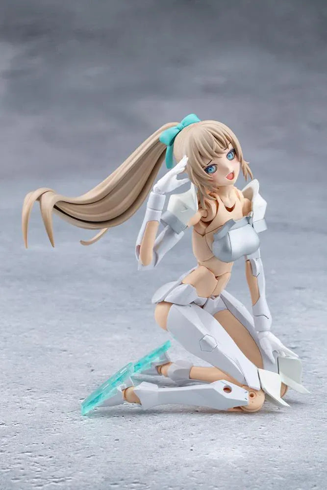 Megalomaria Unlimited Universe Emulator model kit wearing white armor with translucent teal parts and wielding teal weapons.