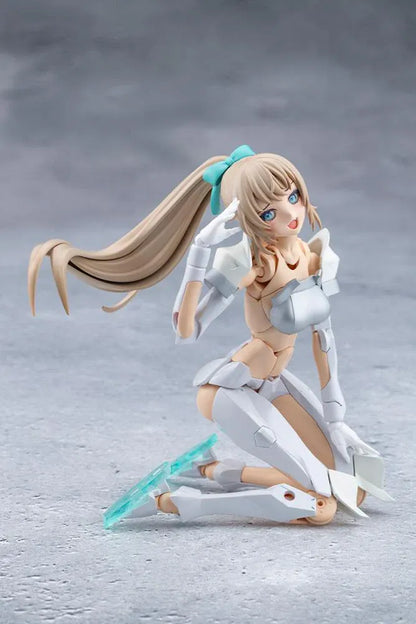 Megalomaria Unlimited Universe Emulator model kit wearing white armor with translucent teal parts and wielding teal weapons.