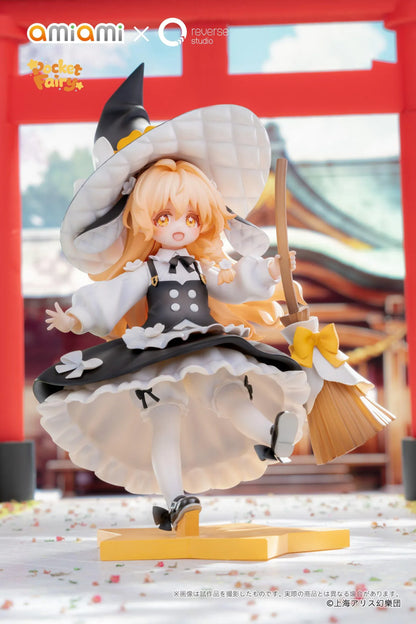 Touhou Project Pocket Fairy Marisa Kirisame figure holding a broom in a black-and-white witch outfit on a yellow star-shaped base.