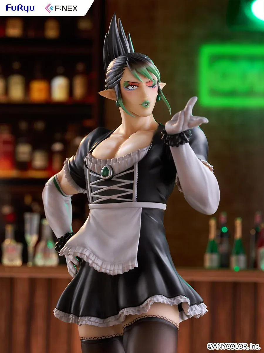 Hanabatake Chaika 1/7 Scale Figure by FuRyu F featuring a VTuber with tall black hair, green highlights, pointed ears, and a black and white maid outfit with white gloves, dark stockings, and black heels on a green circular display base.