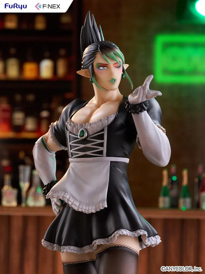 Hanabatake Chaika 1/7 Scale Figure by FuRyu F featuring a VTuber with tall black hair, green highlights, pointed ears, and a black and white maid outfit with white gloves, dark stockings, and black heels on a green circular display base.