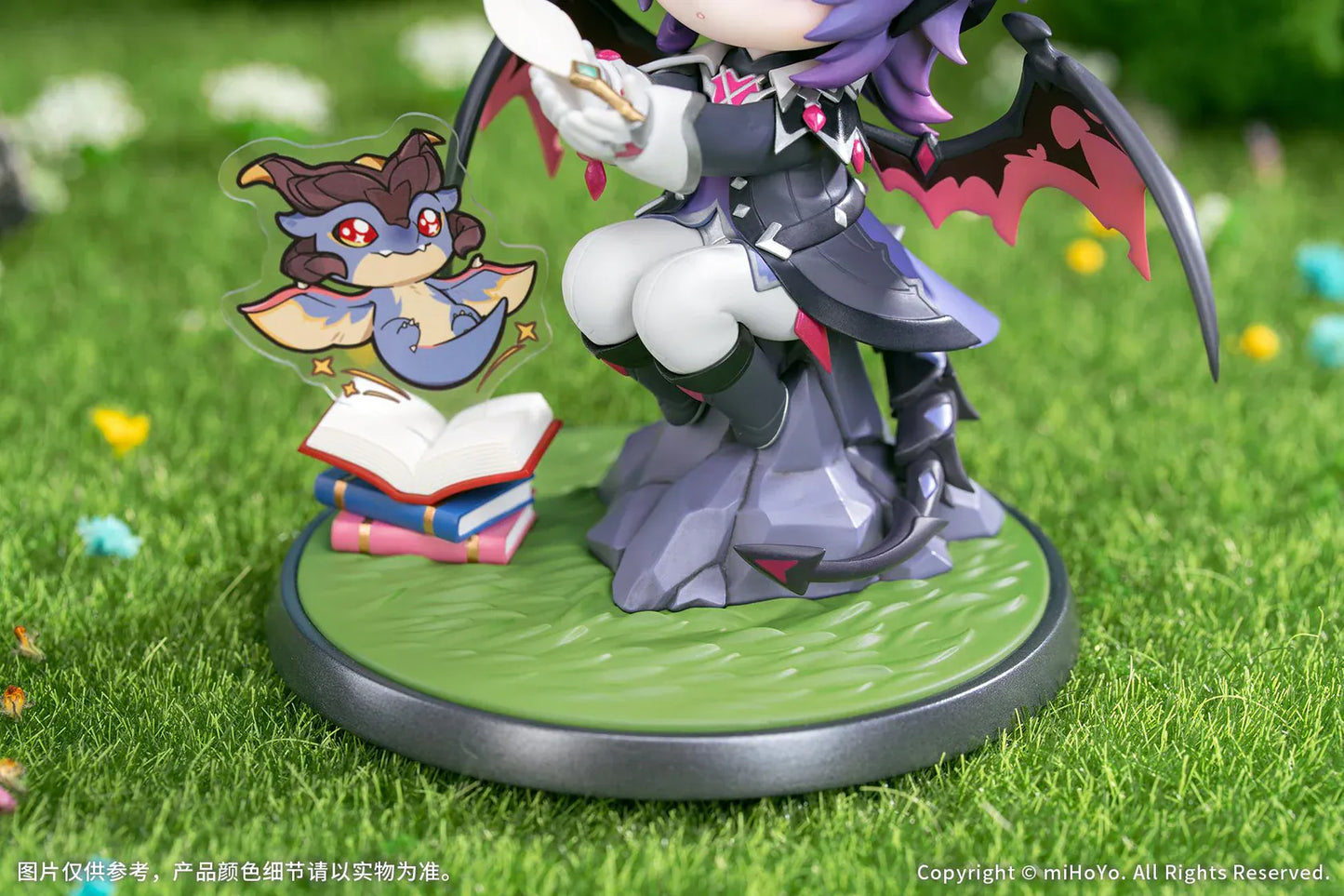 Genshin Impact Durin Floral Wanderings ver. with Bonus Non Scale Figure featuring Durin with lavender hair, horns, bat-like wings, books, companion illustration, and themed display base.