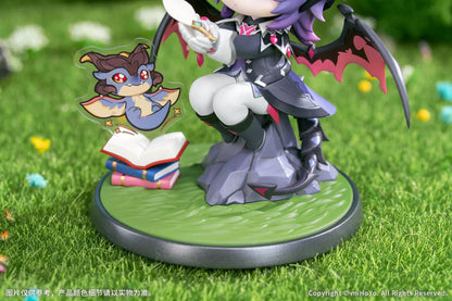 Genshin Impact Durin Floral Wanderings ver. with Bonus Non Scale Figure featuring Durin with lavender hair, horns, bat-like wings, books, companion illustration, and themed display base.