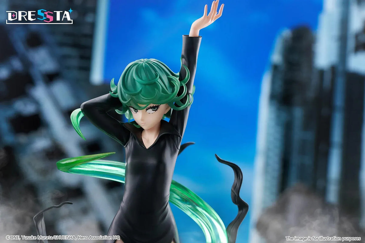 Terrible Tornado Dressta figure floating in a black dress surrounded by translucent green psychic energy effects on a rocky base.