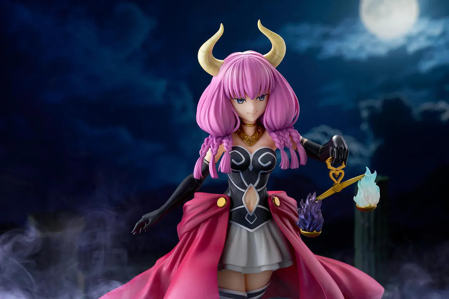 Frieren Beyond Journey’s End Aura the Guillotine 1/7 scale figure with pink hair, horns, flowing red cape, and scales accessory