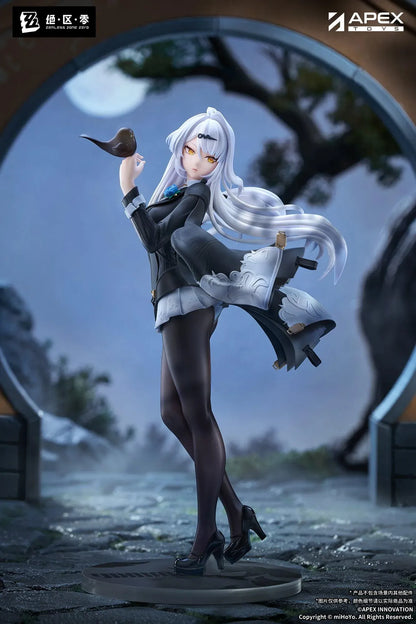 Zenless Zone Zero Limepie Yixuan Trails of Ink Ver. 1/8 Scale Figure by APEX Toys featuring a white-haired anime woman with golden eyes wearing a black outfit with white embroidered accents, sheer stockings, and black heels while holding a small brown bird on a circular display base.