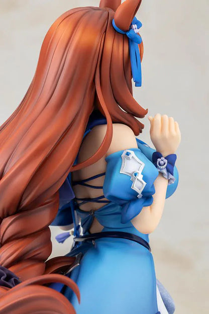 Uma Musume Pretty Derby Super Creek 1/7 Scale Figure featuring Super Creek in a blue-and-white outfit with red hair, horse ears, tail, and a cheerful pose on a themed base.