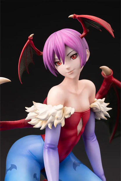 Darkstalkers Lilith 1/7 Scale Figure featuring Lilith with purple hair, bat wing accents, red-and-blue outfit details, and a playful seated pose.
