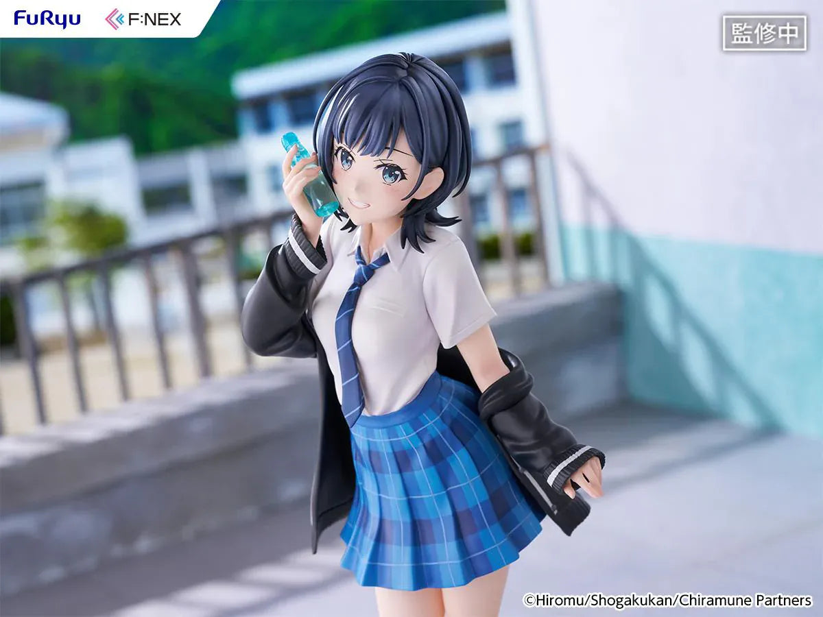 Chitose Is in the Ramune Bottle Yuzuki Nanase 1/7 Scale Figure with short dark hair, blue plaid skirt, school uniform outfit, drink bottle accessory, and display base