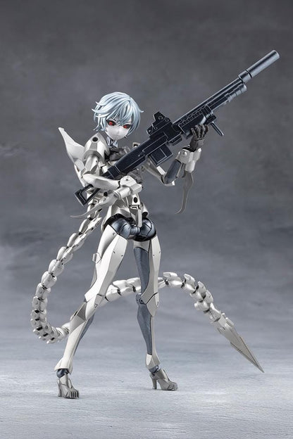 Megalomaria Unlimited Universe Wreckage Hunter model kit with white mechanical armor, a large rifle, weapon tail, and futuristic motorcycle.