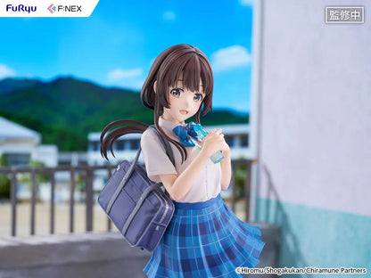 Chitose Is in the Ramune Bottle Yua Uchida 1/7 Scale Figure with brown hair, blue plaid skirt, school uniform outfit, shoulder bag, drink bottle accessory, and display base