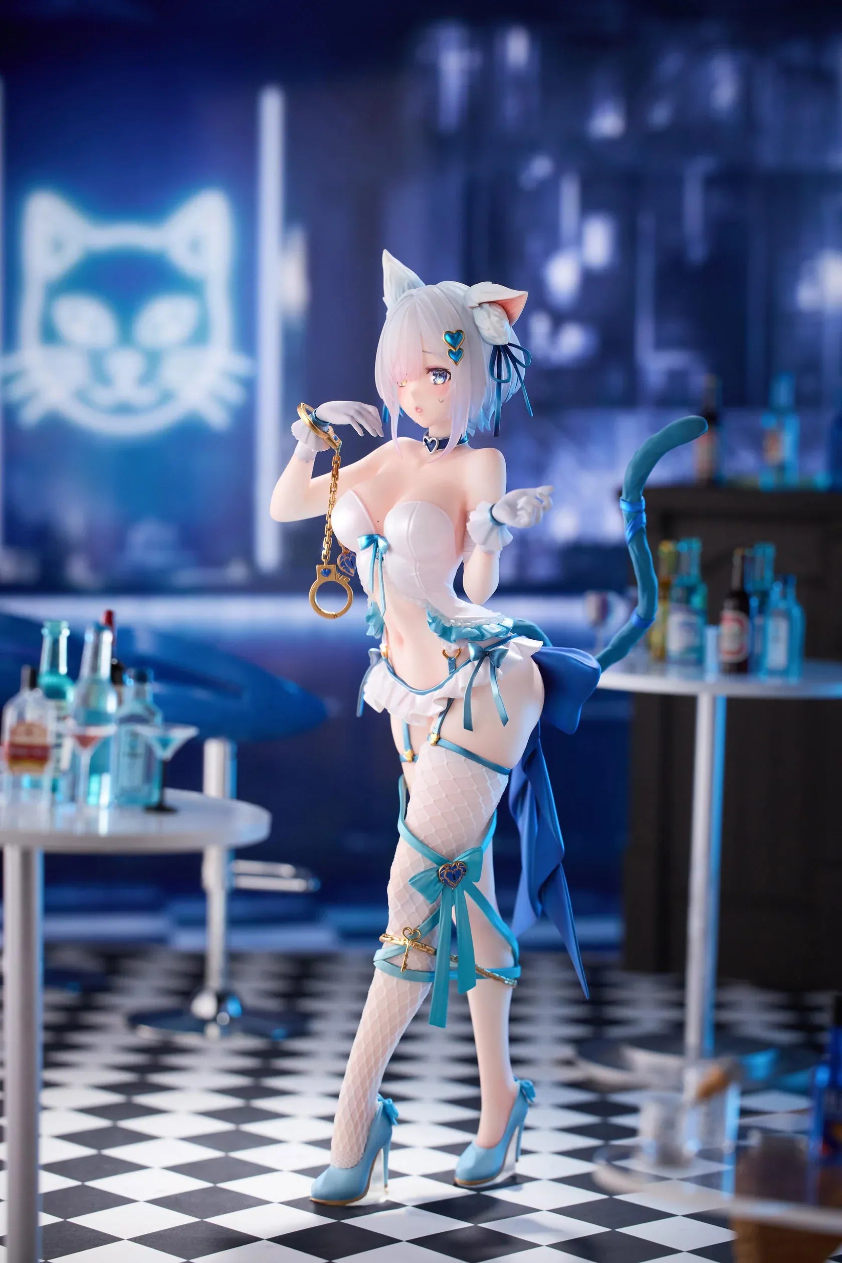 Shibarare Neko Putika-chan Deluxe Edition 1/7 Scale Figure featuring Putika-chan with white hair, cat ears, blue ribbon accents, cat tail detail, and bonus illustration card.