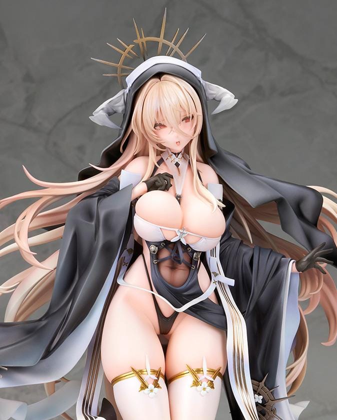 Azur Lane Implacable Special Ver. 1/7 Scale Figure with long blonde hair, black-and-white outfit, gold accents, halo headpiece, and clear display base