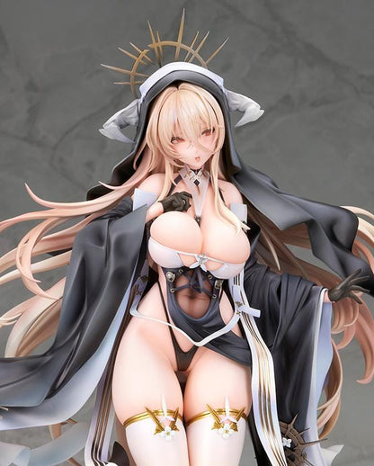 Azur Lane Implacable Special Ver. 1/7 Scale Figure with long blonde hair, black-and-white outfit, gold accents, halo headpiece, and clear display base