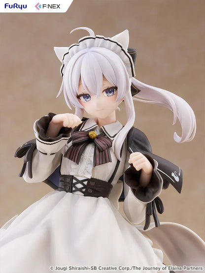 Elaina maid costume with cat ears scale figure from Wandering Witch, standing in a pawing pose with frilled monochrome dress and flowing twin-tail hair.