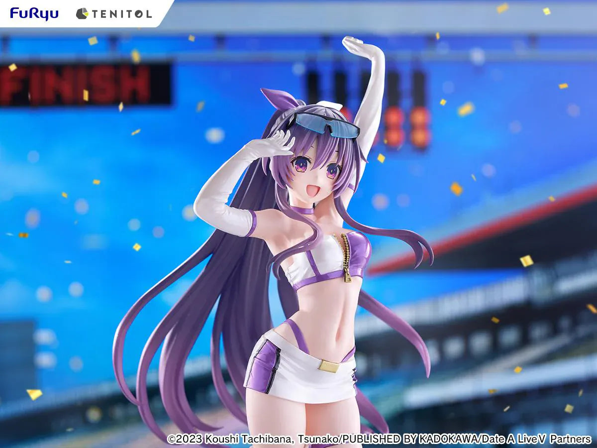 Date A Live V Tenitol Tall Tohka Yatogami Race Queen Ver. Figure featuring Tohka with long purple hair, white-and-purple race queen outfit, sunglasses, and matching boots.