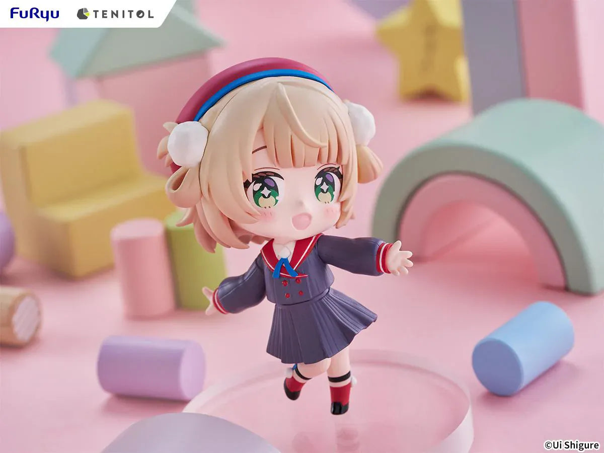 Ui Shigure Tenitol Mini Ui Shigure Figure with blonde hair, green eyes, earmuffs, school uniform outfit, cheerful pose, and round display base