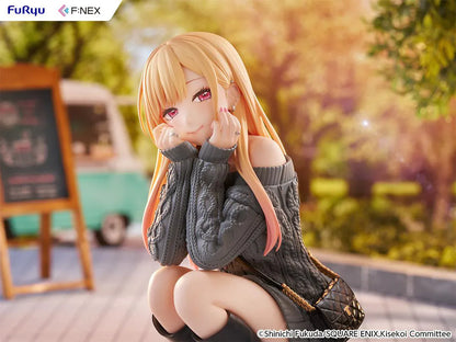My Dress-Up Darling Kitagawa Marin knit ver. 1/6 Scale Figure featuring Marin with long blonde hair, gray oversized sweater, black boots, quilted bag, and crouching pose.