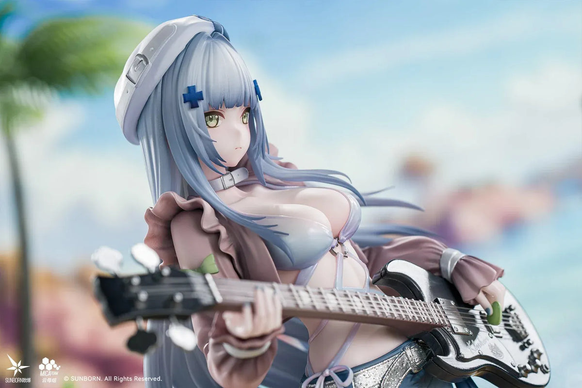 Girls' Frontline Klukai 10th Anniversary 1/6 scale figure with pale blue hair, a beret, brown jacket, blue skirt, and black bass guitar.