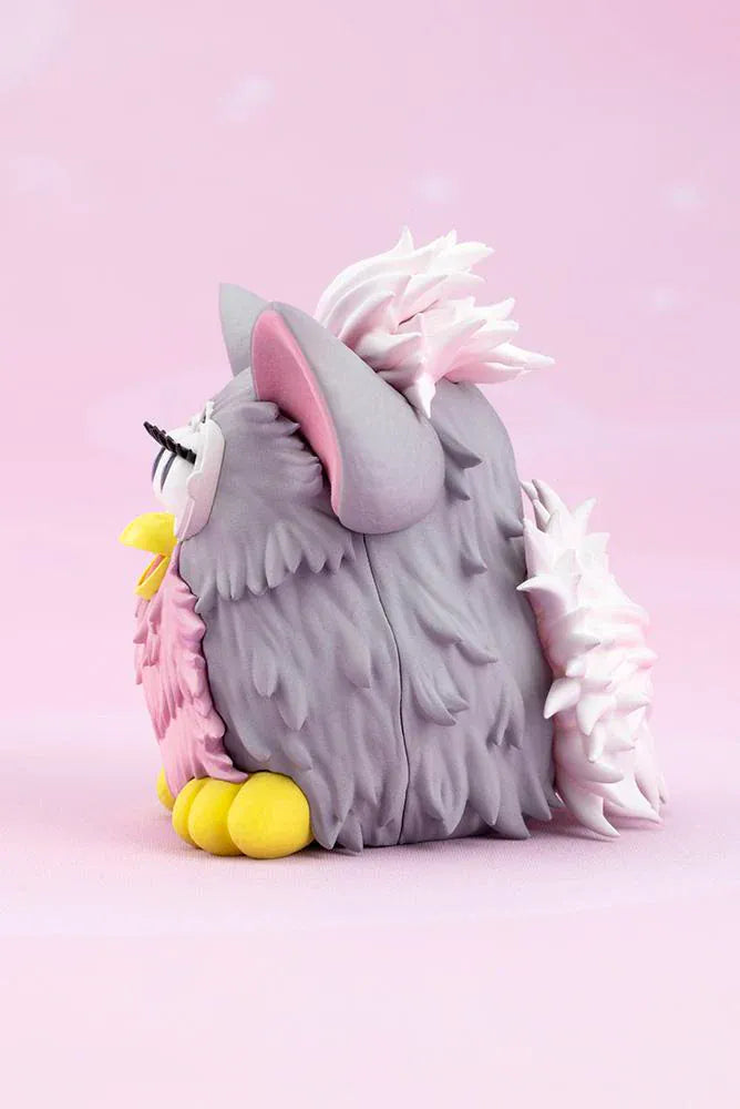 Furby Bishoujo Figure with fashionable character in sunglasses, fuzzy jacket, yellow boots, Furby companion, and glittery display base