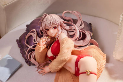 Makia 1/7 scale figure lying on a large fluffy white round base, wearing a cardigan and red lingerie, resting on a purple pillow