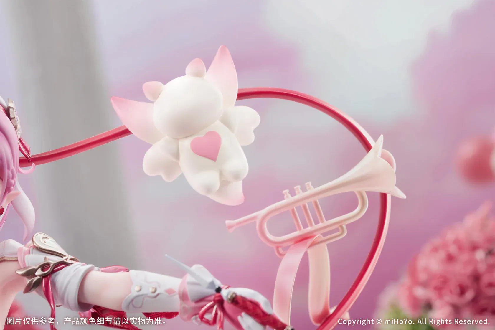 Honkai Impact 3rd Elysia Hi Love Elf Ver. 1/7 Scale Figure Bonus Edition featuring Elysia in a pink-and-white outfit with heart-themed base, ribbon effects, and musical accessories.