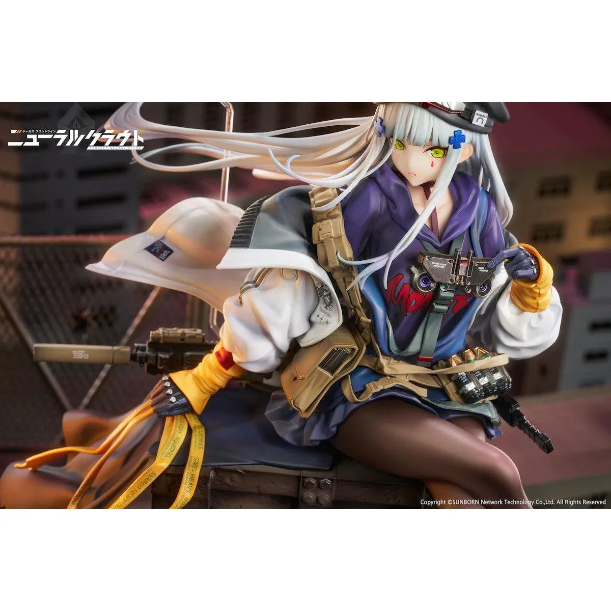 Girls' Frontline Neural Cloud Klukai 1/7 Scale Figure with long silver hair, military-inspired outfit, weapon accessories, seated pose, crate-style base, and bonus item